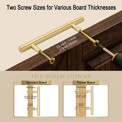 Two sizes of screws for Real Deal 5 Pack Solid Brass Cabinet Pulls for varying board thicknesses.