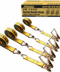 4 Pack 2 Inch By 27 Foot Heavy Duty Ratchet Tie Down Straps With Double J Hooks, 10,000 Lbs Break Strength And 3,333 Lbs Working Load box view