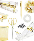 Shiny Gold Tone Office Desk Accessories Set With Acrylic Stapler Tape Dispenser Staple Remover Pen Holder Scissors Binder Clips 1000 Staples And Ballpoint Pen For A Must Have Neat Pro Style Workspace displayed on white background