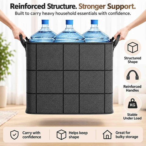 Rock Solid Heavy Duty Foldable Storage Cubes With Secure Snap Lids And Reinforced Carry Handles For Super Roomy Home Organization. Multiple water bottles in a sturdy fabric tote.
