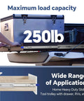 Built Tough Heavy Duty Drawer Slides With Lock 12 Inch Full Extension Ball Bearing Tracks For Tool Cabinets And Workbenches Cold Rolled Steel 250 Lb Professional Load, showing 250 lb load capacity in use.