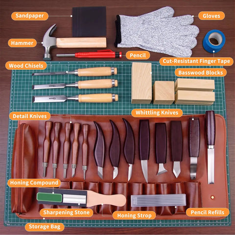 Knockout Wood Carving Kit With Thirty Five Pro Grade Tools And A Rugged Leather Roll including detail knives, wood chisels, and basswood blocks.