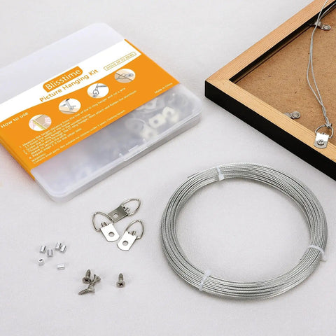 Ultimate Picture Hanging Kit With 100 Feet Braided Wire 60 D Ring Hangers 60 Screws And 60 Aluminum Crimping Loop Sleeves