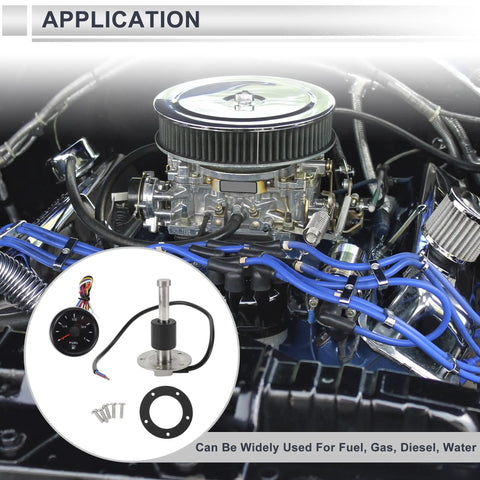 Top Shelf Marine Fuel Sender And Gauge Kit Featuring A Heavy Duty 100Mm Metal Housing 240 To 33 Ohm range with installation components.