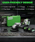 Heavy Duty Cordless Angle Grinder With Brushless Motor And 125mm Discs Featuring Three Speed Settings For Straight Up Beast Level Metal And Stone Work Powering Through Projects With Zero Cord Hassles, showing accessories and batteries.
