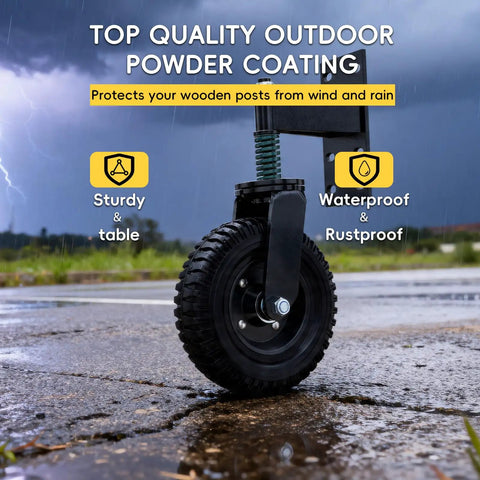 8 Inch Heavy Duty Fence Gate Wheels 660 Lbs Capacity Built Like A Tank With Spring Cushioned Casters 360 Degree Swiveling Rollers on a wet surface.
