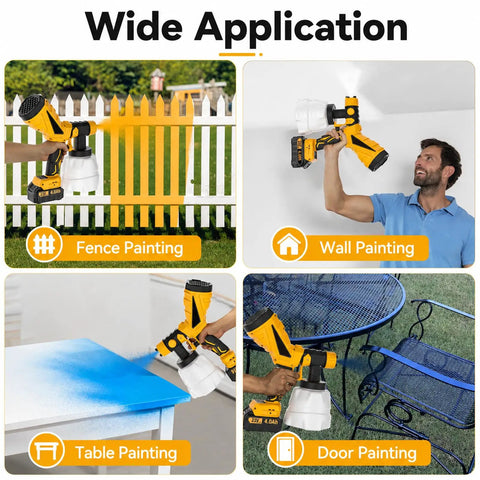 Get Smooth Finish With This Cordless Hvlp Paint Sprayer Boasting A Comfy 45 Degree Tilt Grip, shown in various applications like fences and walls.