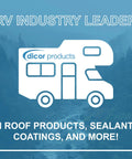 Illustration of RV with branding, promoting roof products, sealants, and coatings by a leading manufacturer.