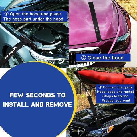Heavy Duty Tie Down Straps With Quick Loop Anchors securing car hood for canoe transport steps