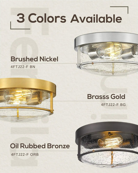 Three 12 Inch Flush Mount Ceiling Light Fixtures, Brushed Nickel, Brass Gold, Oil Rubbed Bronze, Seeded Glass Design.