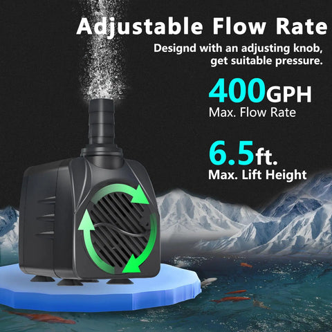Ultra Quiet Submersible Pond Pump With Auto Shut Off For DIYers And Pros, 400 GPH (1500 L/H), 25W, adjustable flow rate