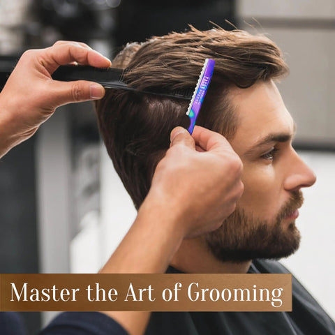 Professional Hair Cutting Razor Kit With Stainless Steel Feather Styling Blade And 11 Replacement Inserts For Pro Thinning Texturizing and Precision Cuts in use on a male hairstyle.