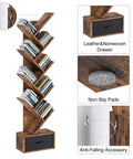 Dope Vintage Tree Bookshelf With Nine Shelves And Side Drawer, Solid Wooden Corner Storage Rack For Books Vinyl Records Decor, Rustic Brown Shelf Vibe Straight Fire Display For Your Chill Space showing nine tier design and side drawer.