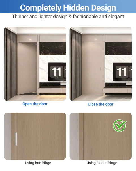 Heavy Duty Invisible Door Hinges Two Pack Slick Concealed Hardware With Rock Solid Copper Mount Smooth Swing and Dead Simple Setup For A Clean Modern Home Refresh, showing open and closed doors with hidden hinges.