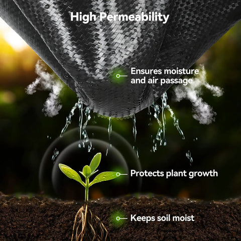 Close-up of Heavy Duty Woven Weed Barrier Fabric 4 Ft By 300 Ft 3.2 Oz Landscape Underlayment showing permeability over plant