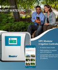 Hydrawise HPC400 Smart WiFi Irrigation Controller for Lawns and Gardens, 4 Zone System showing screen interface outdoors