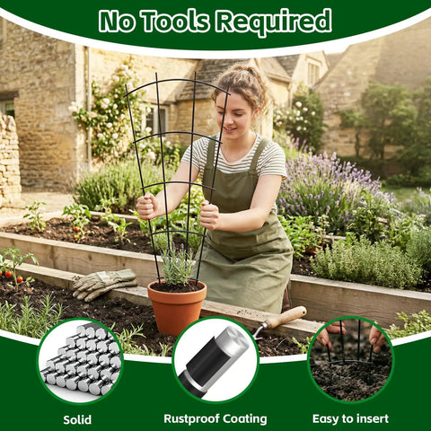 Woman using 4 Pack 32 Inch Metal Plant Trellis For Pots And Garden Beds, Rock Solid Rustproof Indoor Outdoor Climbing Support For Vines, Flowers And Plants, Fan Shaped Black, in a garden