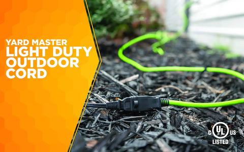 Outdoor Extension Cord For Yard Work, Flexible Weatherproof 16 Gauge SJTW, 2 Prong Power, 120 Foot Lime Green Cable in mulch