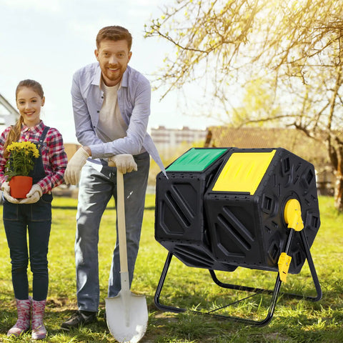 Dual Chamber Outdoor Compost Bin With 37 Gallon Capacity, BPA Free Plastic, Easy To Assemble, Heavy Duty PP Material, Black