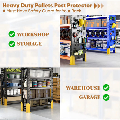 Built Tough 12 Inch Steel Pallet Rack Post Protectors With Ten Floor Anchor Bolts, shown in a workshop setting with storage shelves.