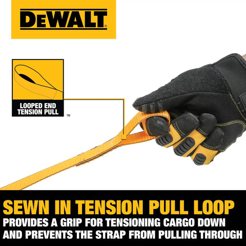 Gloved hand pulling yellow cam buckle strap with loop end, illustrating Heavy Duty 1 Inch By 12 Foot Cam Buckle Straps Set, 2 Pack.