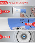 Portable PA Megaphone With Built In Siren 50 Watt Power Adjustable Volume 1600 Yard Range Lightweight Ergonomic Grip Includes Handheld Mic Runs On 8 C Batteries Perfect For Outdoor Sports Cheer Teams Fans And Safety Drills shown with talk and siren features