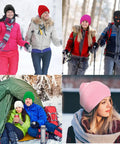 Group of people in winter clothing, one with a 2 Pack 3 Hole Full Face Mask Balaclava Ski Mask For Winter Outdoor Sports Soft Polyester Cotton Face Cover Keeps Eyes And Mouth Exposed While Shielding From Cold Wind For Cycling Snowboarding Skiing Halloween Gear Black in snowy forest.