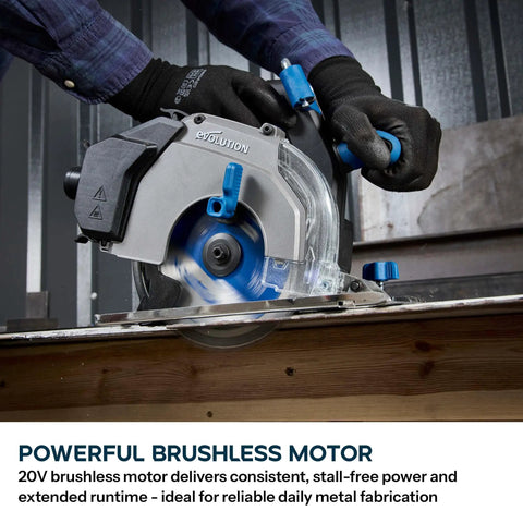 6 1/2 Inch Cordless Circular Saw With Kickass Cold Cut Design For Spark Free Steel Slicing, 20V Brushless Motor cutting through steel sheet.