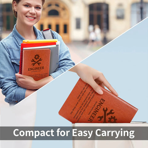 Engineer Definition Leather Journal Notebook For Gearheads And Builders, shown compact for carrying in a bag.