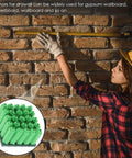 Woman measuring brick wall with Green Plastic Drywall Anchor Kit With Self Tapping Screws inset image