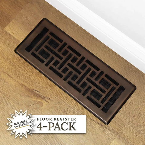 Oriental Style Floor Register 4x12 Inches Rubbed Bronze Finish 8 Pack - Decorative Steel Vent Grille on Wooden Floor