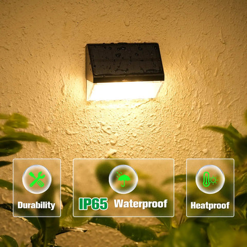 8 Pack Solar Fence Lights Outdoor For Fence And Patio RGB Color Changing LED Lights With 7 Colors Plus Warm White Four Modes Solar Powered Pathway Deck Yard Lighting Easy Install Weather Resistant shown lit on wall, highlighting IP65 waterproof, durability, and heatproof features.
