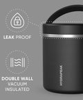 Slick Rugged Badass 25 Oz Double Wall Vacuum Insulated Food Storage Jar With Wide Mouth Leak Proof Lid Keeps Your Grub Scalding Hot Ten Hours Or Ice Cold Sixteen Hours Matte Black showing leak proof design and double wall insulation.