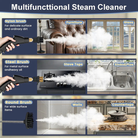 Powerful Portable Handheld Steam Cleaner With Six Adjustable Levels And 15 Second Rapid Heat Up Time to tackle stubborn grease, dirt, grime on surfaces.