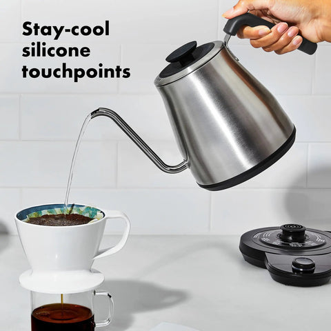 Stainless steel Gooseneck Electric Kettle for pour over coffee, precise temperature control, 1-liter size, one degree increments.