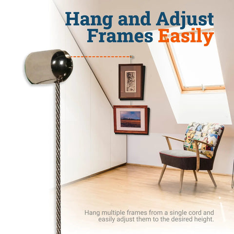 Heavy Duty Steel Cable Picture Hanging Kit With Adjustable Bullet Hooks And Ceiling Mount supports multiple frames and artwork in stylish gallery display.