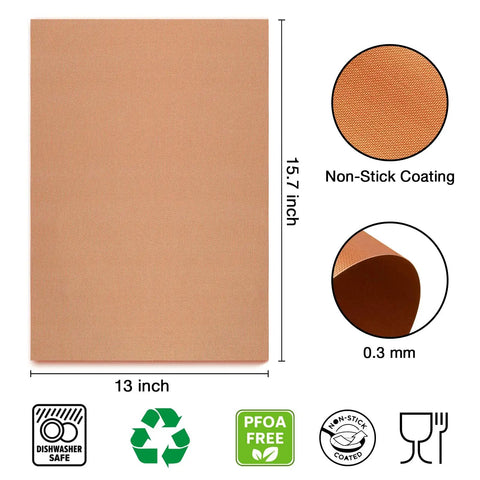 Set Of 6 Copper Grill Mats For Outdoor Grilling Nonstick Heavy Duty Reusable Easy To Clean For Electric Gas Charcoal Grills RV Camper BBQ Accessories No Fuss, showing dimensions and features like PFOA-free, 13x15.7 inches, and non-stick coating.