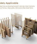 Rock Solid Beechwood Art Storage Rack With Locking Casters For Canvas Boards Frames And Drawing Panels holds various art supplies.