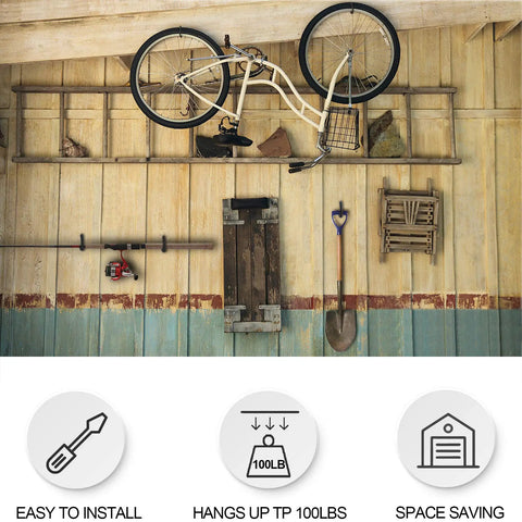 Premium Heavy Gauge Steel Screw In Hooks 12 Pack Hold Your Rig Tight Garage Wall And Ceiling Bike Storage 100 Lb Rock Solid Capacity black bike stored on wall.