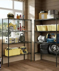 Professional Grade Badass Workhorse Four Tier Metal Wire Shelving Rack with tools, bins, and tires for garage organization.