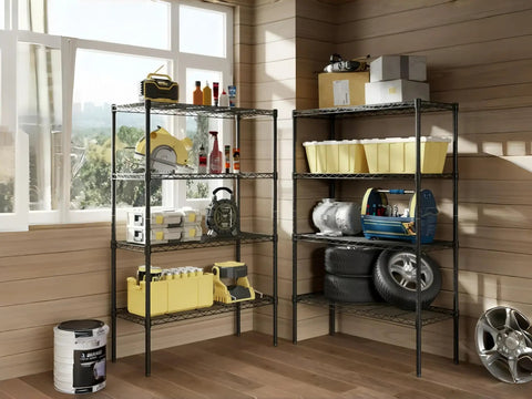 Professional Grade Badass Workhorse Four Tier Metal Wire Shelving Rack with tools, bins, and tires for garage organization.