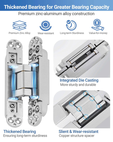 Hidden Door Hinge Set 6 Inch Silver 2 Pack With 3 Way Adjustable 180 Degree Swing Copper Support Concealed Built Tough Hinge For Doors 88 Lb Load Bearing