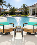 Three Piece Outdoor Bistro Set With 360 Swivel Rocking Chair And Two Tier Solid Acacia Wood Sliding Coffee Table White Six Inch Cushions For Backyard Or Poolside Vibes by a pool