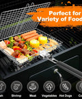 Outdoor Grill Basket For Barbecue Lovers With Removable Handle Portable BBQ Set in use on grill with mixed food