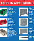 Akrobin accessories including length and width dividers, steel louvered panels, crystal clear lids, and steel rail displayed.