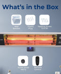 Wall Mounted Infrared Patio Heater 1500W With Remote Control No Gas Needed Hot Fast Heat IP65 Weatherproof, wall bracket and remote.