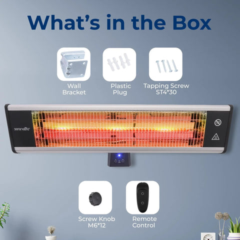 Wall Mounted Infrared Patio Heater 1500W With Remote Control No Gas Needed Hot Fast Heat IP65 Weatherproof, wall bracket and remote.
