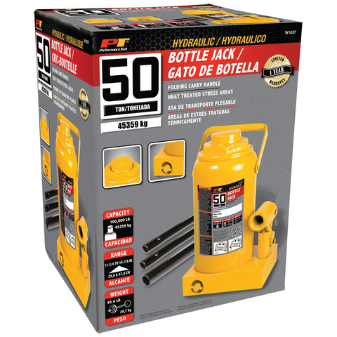 Product packaging showing Rugged 50 Ton Hydraulic Bottle Jack With Low Profile Design For Tight Spaces, 11 3/4 To 18 7/8 Inch Lift Range.
