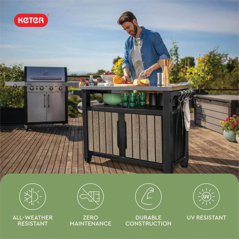 Wood Look Outdoor Entertainment Cart With 78 Gallon Storage, Stainless Steel Top For BBQ Prep, in use on a sunny patio.