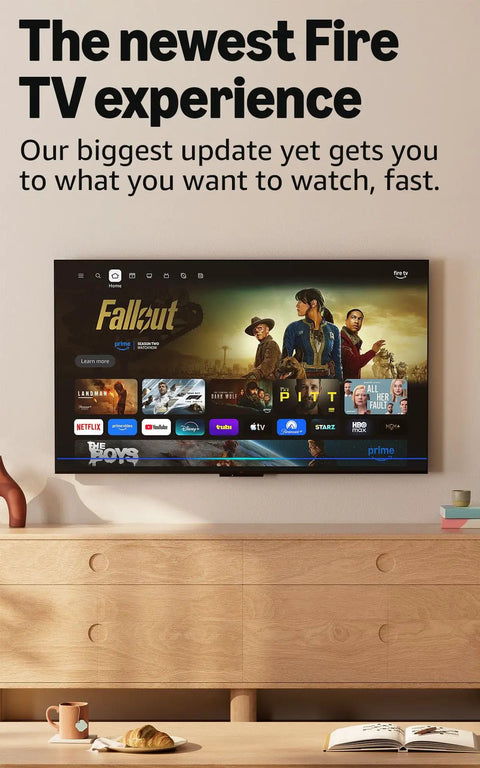Next Level 4K Streaming Stick Delivering Blazing Wifi 6 Speeds And Rock Solid Alexa Voice Controls on a TV showcasing streaming options.